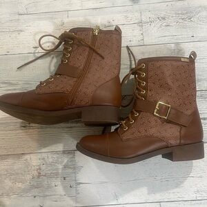 Bebe Ofeibea Cognac Logo Side Zipper Ankle Boot 7.5 NWOT